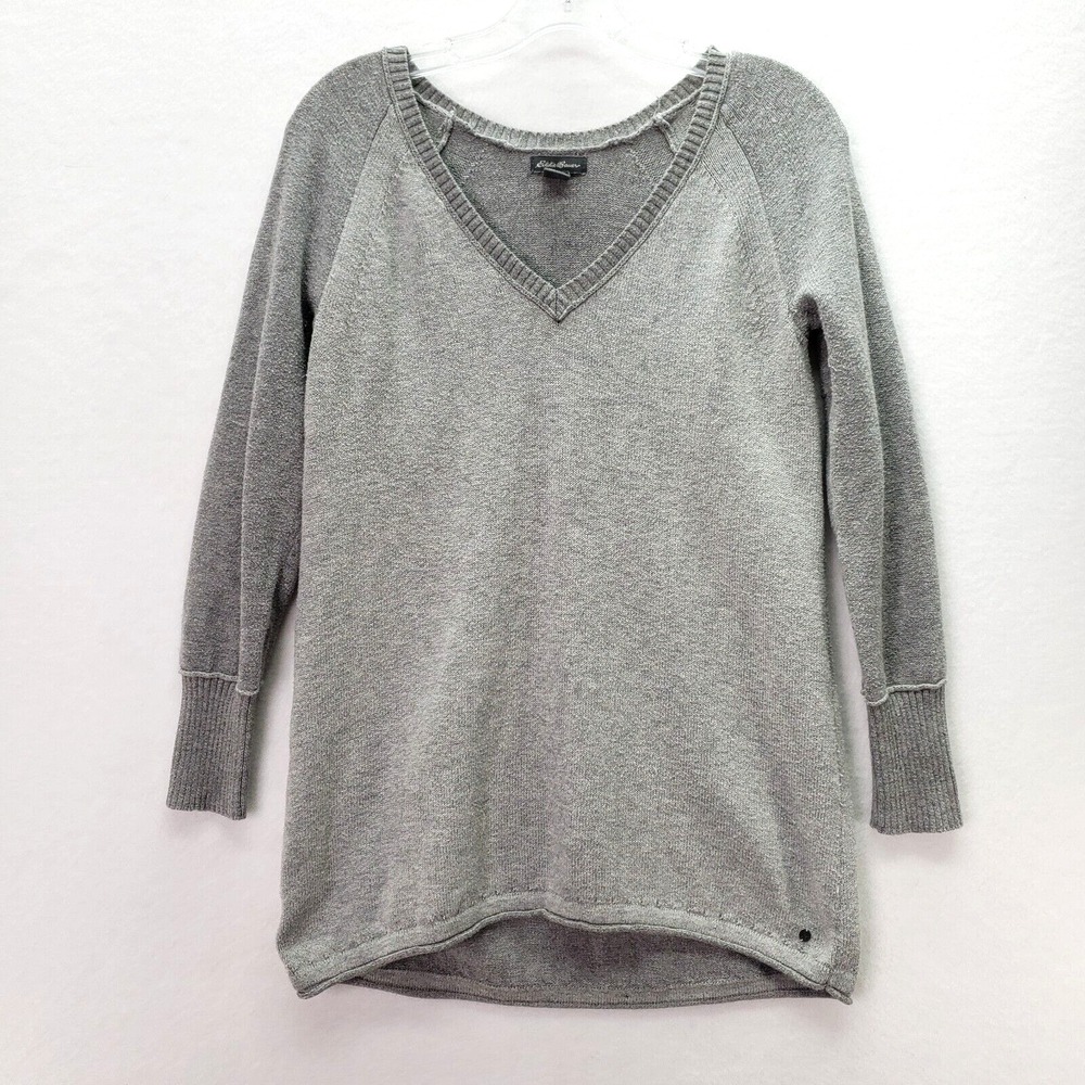 Eddie‎ Bauer Sweater Womens Petite Small Gray V Neck Long Sleeve Knit Raglan